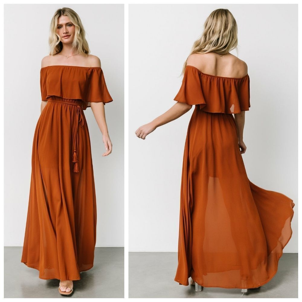 Baltic Born Victoria Off Shoulder Spice Rust Maxi Dress